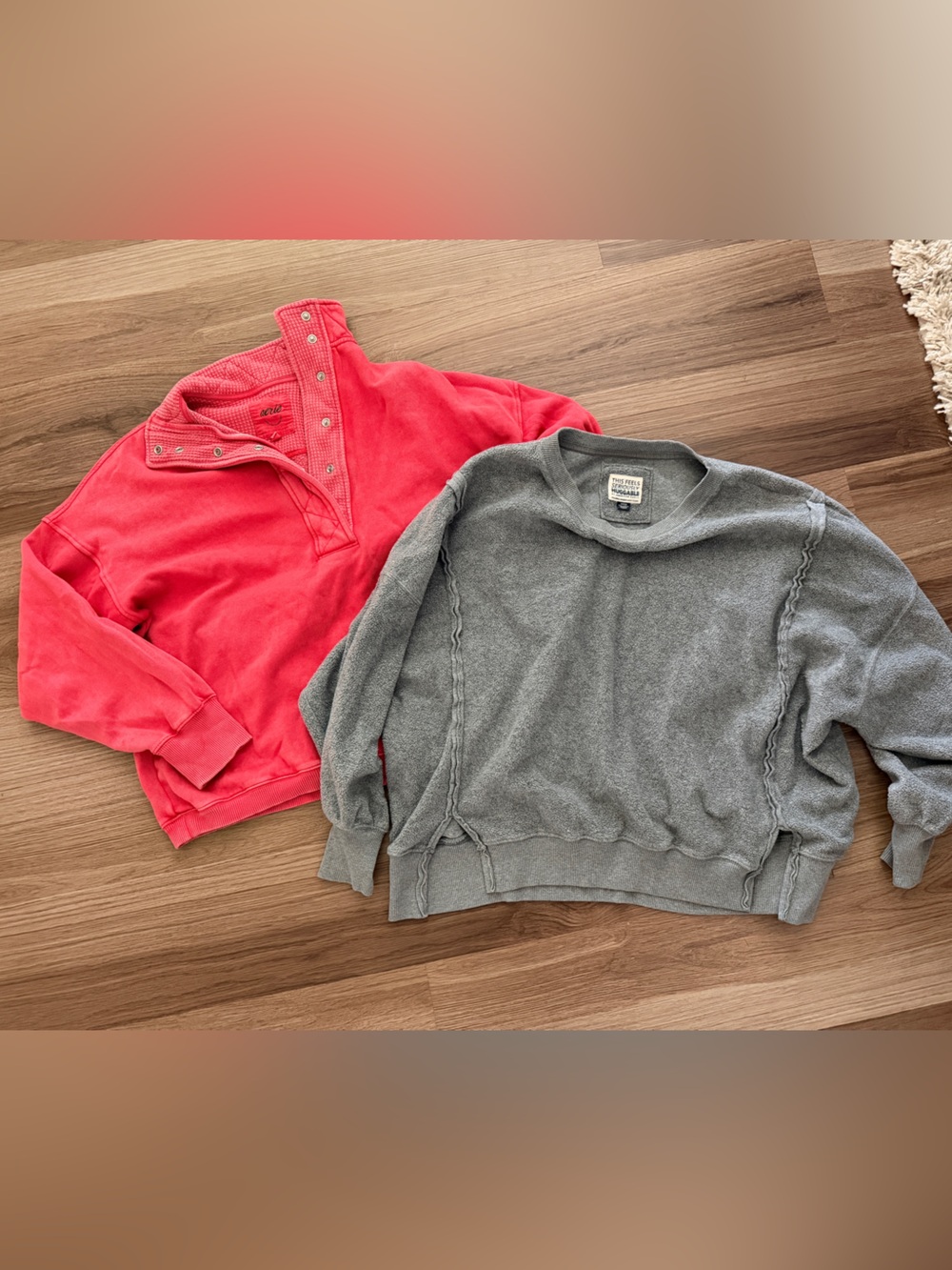 aerie Coral Snap-Neck Pullover & AE Gray Crew Sweatshirt Duo